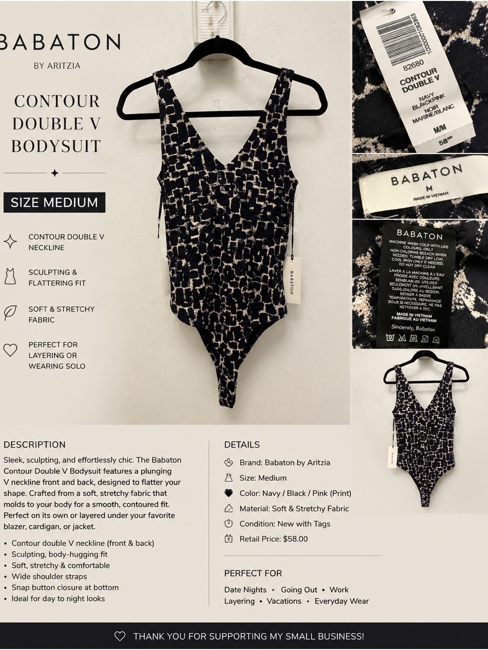 Babaton Navy Black Pink Abstract Contour Double V Bodysuit